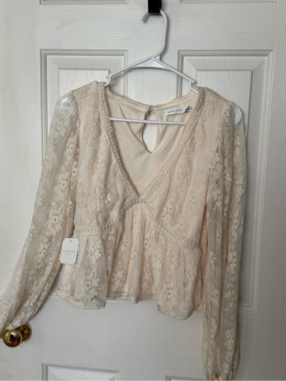 Altar'd State Cream Floral Lace V-Neck Peplum Blouse Embroidered Lace NWT